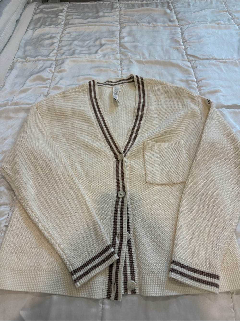ALO Yoga Cream Cardigan with Brown Stripe Trim